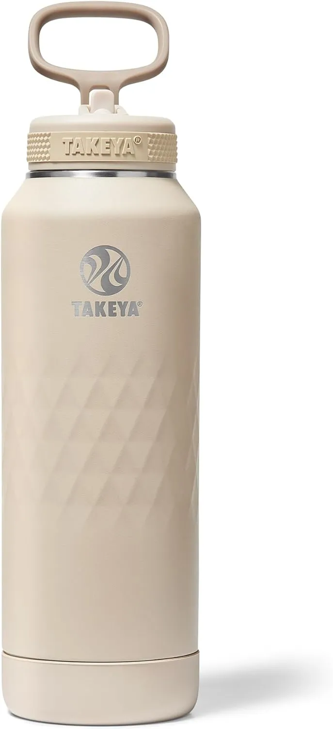 Takeya Sport 40 oz Triple-Insulated Stainless Steel Water Bottle, Straw Lid – Leakproof, Sweatproof, BPA-Free, Keeps Drinks Cold 36 Hrs, Hot 14 Hrs – Almond
