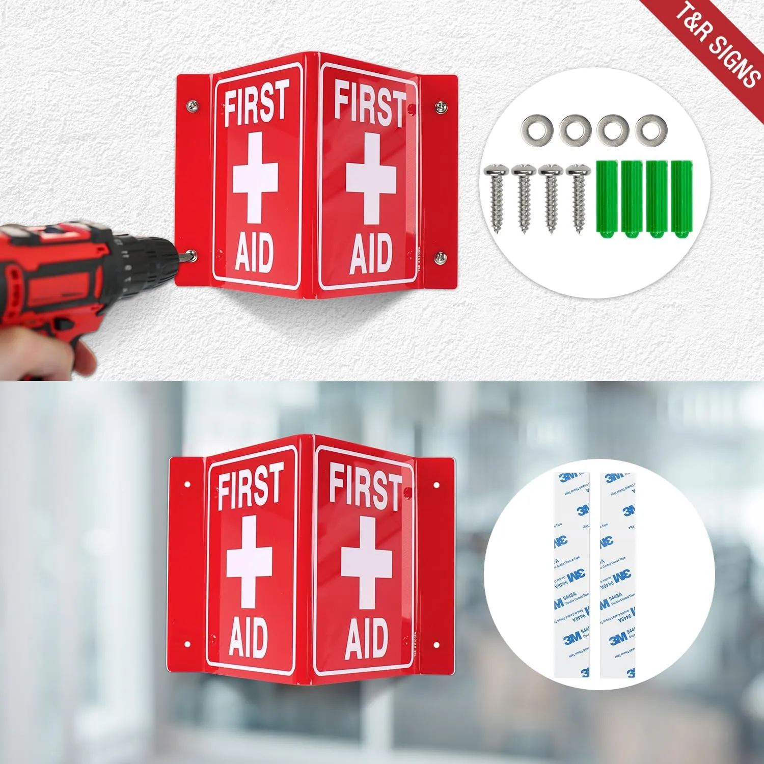 T&R First Aid Sign, First Aid with Cross Symbol - 4 Pack - 8 x 6 Inches Acrylic, 4 pre-drilled holes, Includes Matching Screws, Use for Office/Business