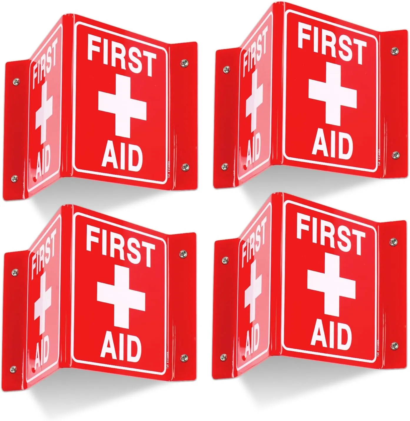 T&R First Aid Sign, First Aid with Cross Symbol - 4 Pack - 8 x 6 Inches Acrylic, 4 pre-drilled holes, Includes Matching Screws, Use for Office/Business