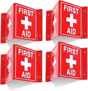 T&R First Aid Sign, First Aid with Cross Symbol - 4 Pack - 8 x 6 Inches Acrylic, 4 pre-drilled holes, Includes Matching Screws, Use for Office/Business