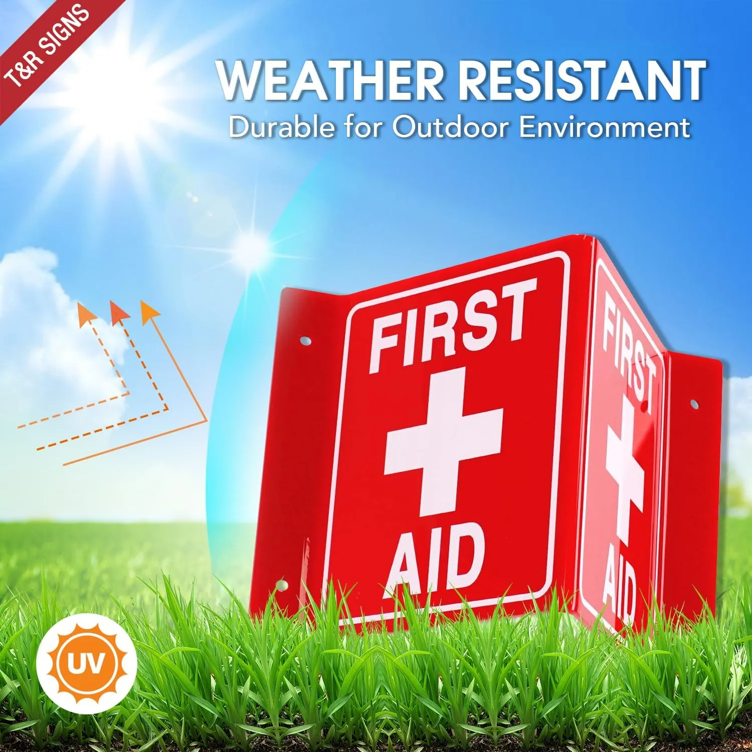 T&R First Aid Sign, First Aid with Cross Symbol - 4 Pack - 8 x 6 Inches Acrylic, 4 pre-drilled holes, Includes Matching Screws, Use for Office/Business