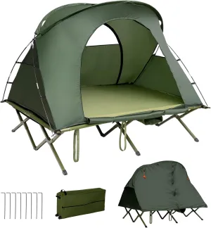 Tangkula 2-Person Tent Cot, 4-in-1 Folding Tent with Waterproof Rainfly, Self-Inflating Mattress & Roller Carrying Bag, Portable Off Ground Elevated Tent with Shoe Storage Pocket & Lamp Hook