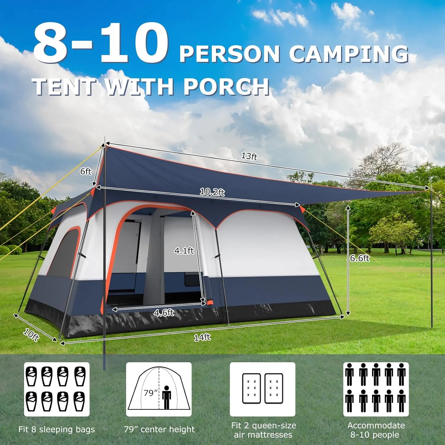 Tangkula 6/8/10-Person Camping Tent with Porch, Large Family Cabin Tent with 2 Rooms, 2 Doors, 2 Mesh Windows, Removable Rainfly, Carrying Bag, Double Layer Tents for Camping, Picnic, Outdoor