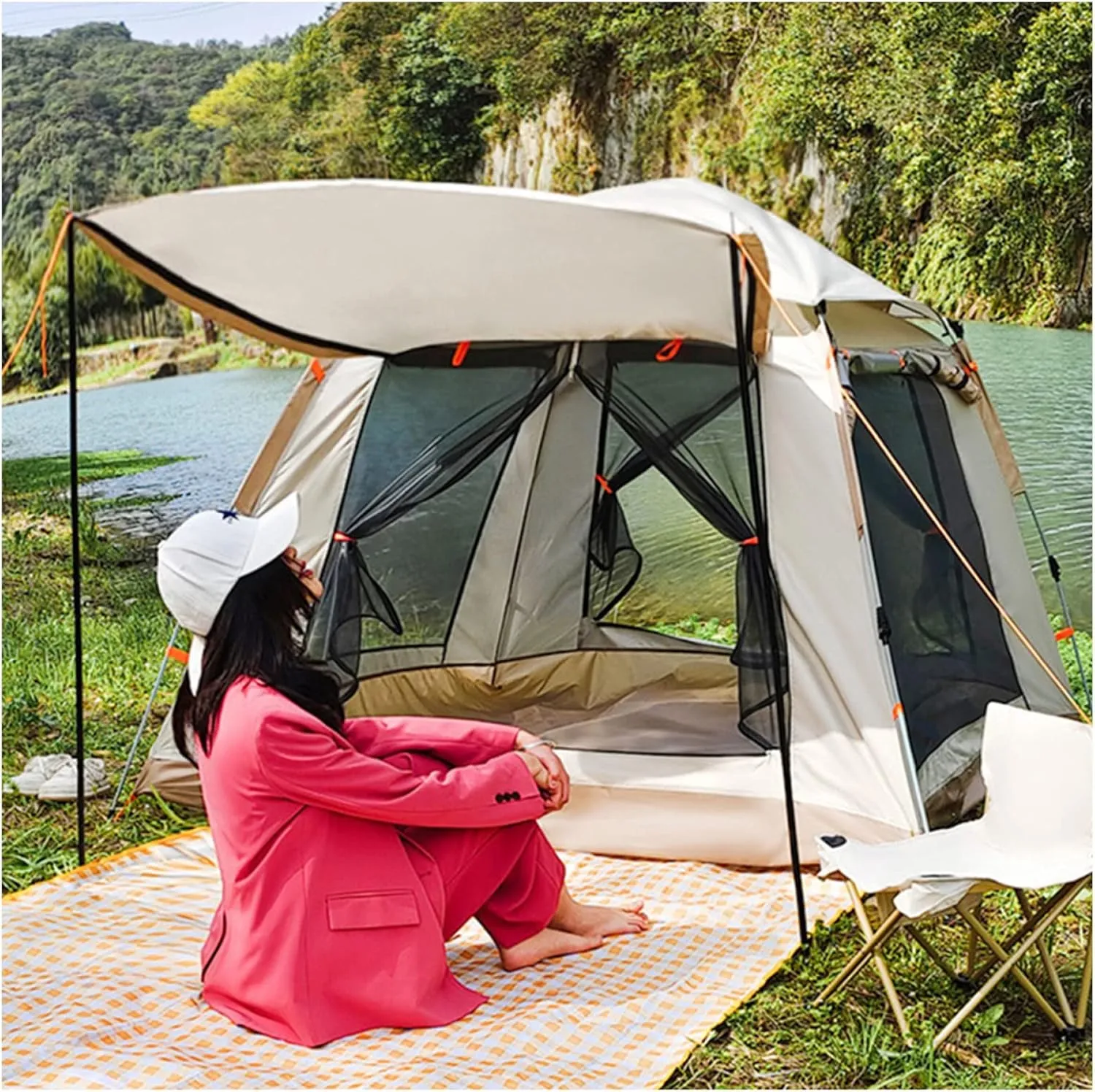 Teepee Tents for Camping 4 People Insect-Proof,Double Doors and Four Windows Quick Pitch Tent Stable and Practical Family Tents for Family Camping,Hiking Party