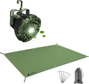 Tent Footprint 6x7FT & Rechargeable Camping Fan, AYAMAYA Remote Control Tent Fan with LED, Waterproof Tent Ground Sheet Mat for Hiking Backpacking Pacnic Fishing