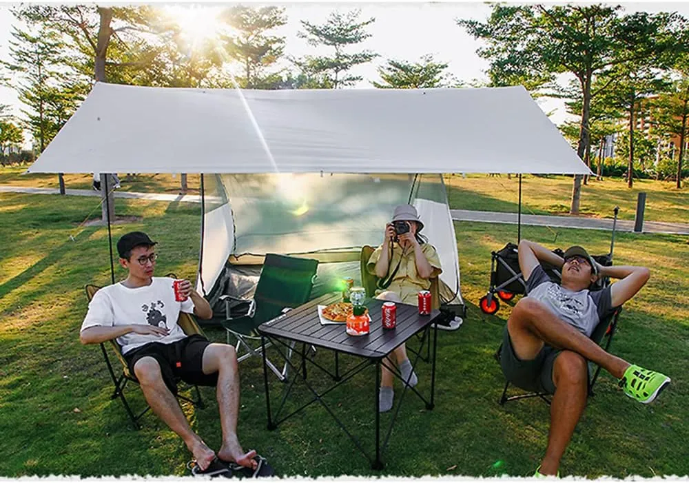 Tent Sun Shade Waterproof Camping Tarp for Trips Fishing Backyard Fun Picnics Portable Shelter Canopy with Pole Rope Ground Nail,White-4×3M