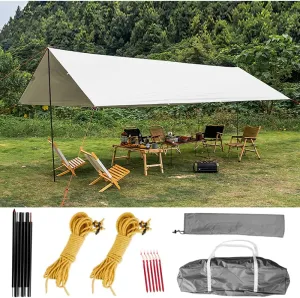 Tent Sun Shade Waterproof Camping Tarp for Trips Fishing Backyard Fun Picnics Portable Shelter Canopy with Pole Rope Ground Nail,White-4×3M
