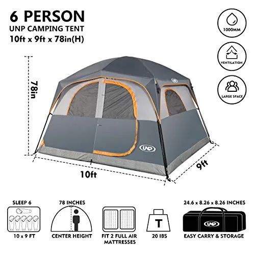Tents 6 Person Waterproof Windproof Easy Setup,Double Layer Family Camping Tent w/ 1 Mesh Door  5 Large Mesh Windows 10X9X78inH