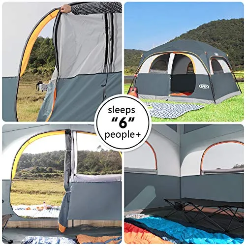 Tents 6 Person Waterproof Windproof Easy Setup,Double Layer Family Camping Tent w/ 1 Mesh Door  5 Large Mesh Windows 10X9X78inH