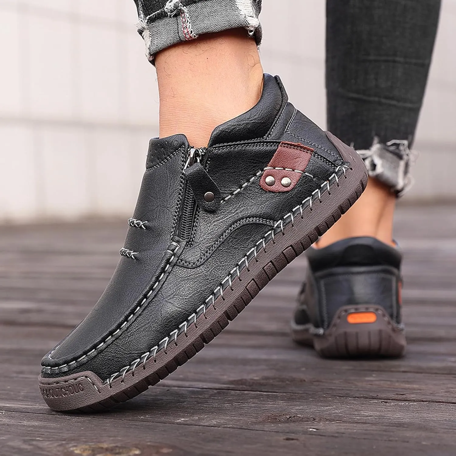 The First Young Driving Boots, Men's Handmade Premium Leather Slip on Driving Boots Waterproof, Arch Support, Travel & Outdoor