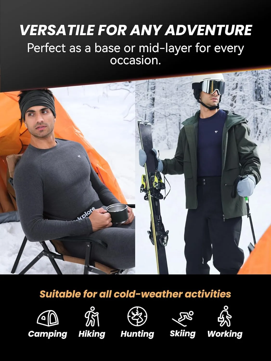 Thermal Underwear Men Fleece Lined - Midweight Long Sleeve Shirt, Base Layer Top for Cold Weather