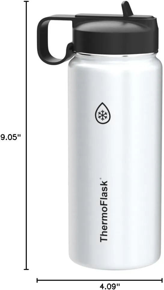 ThermoFlask Bottle with Chug Lid & Straw Lid - Insulated Stainless Steel Water Bottle with Leak-Proof Lids - Dishwasher-Safe Reusable Bottle & Lids - Durable Bottle, 2 Straws & 2 Lids - 18 oz, White