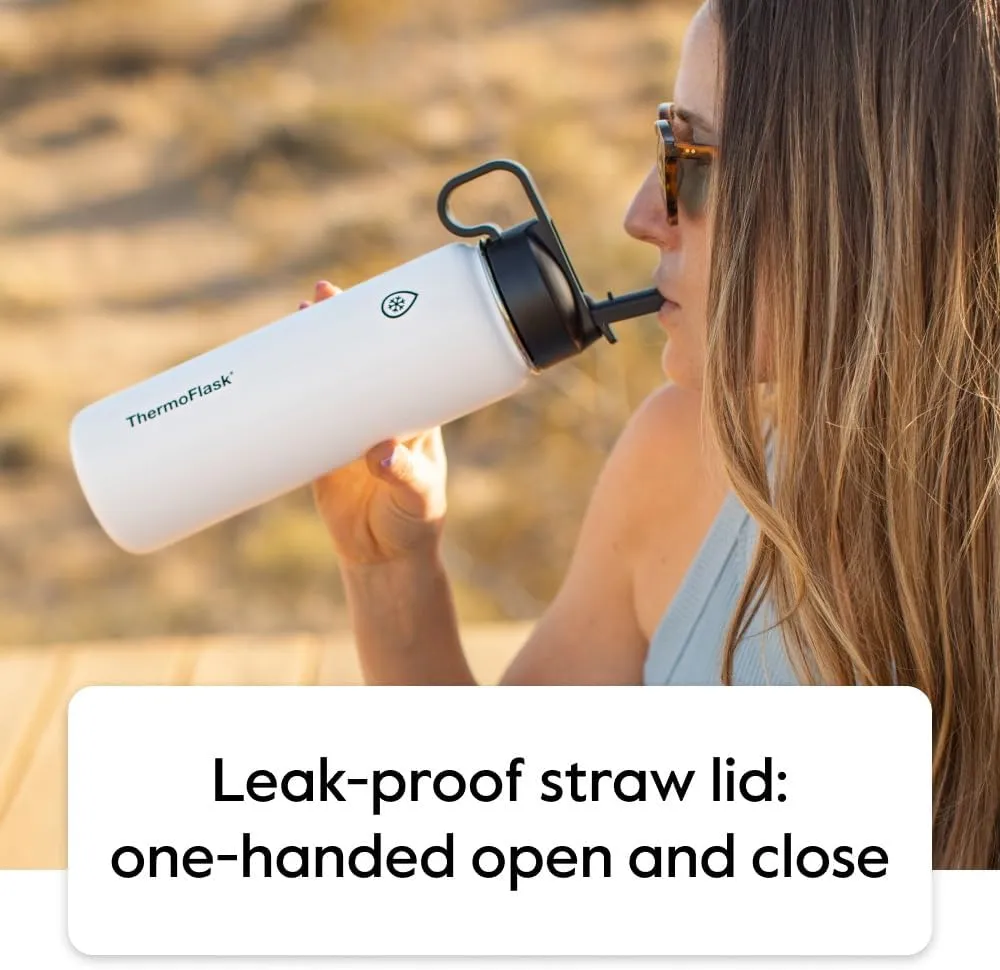 ThermoFlask Bottle with Chug Lid & Straw Lid - Insulated Stainless Steel Water Bottle with Leak-Proof Lids - Dishwasher-Safe Reusable Bottle & Lids - Durable Bottle, 2 Straws & 2 Lids - 18 oz, White
