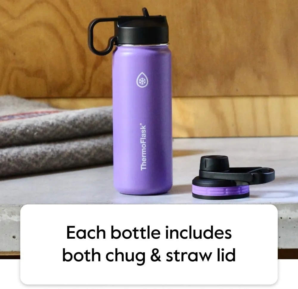 ThermoFlask Bottle with Chug Lid & Straw Lid - Insulated Stainless Steel Water Bottle with Leak-Proof Lids - Dishwasher-Safe Reusable Bottle & Lids - Durable Bottle, 2 Straws & 2 Lids - 18 oz, White