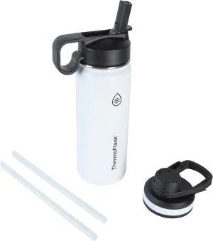 ThermoFlask Bottle with Chug Lid & Straw Lid - Insulated Stainless Steel Water Bottle with Leak-Proof Lids - Dishwasher-Safe Reusable Bottle & Lids - Durable Bottle, 2 Straws & 2 Lids - 18 oz, White
