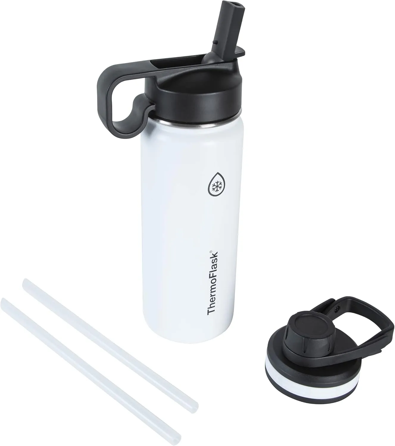 ThermoFlask Bottle with Chug Lid & Straw Lid - Insulated Stainless Steel Water Bottle with Leak-Proof Lids - Dishwasher-Safe Reusable Bottle & Lids - Durable Bottle, 2 Straws & 2 Lids - 18 oz, White