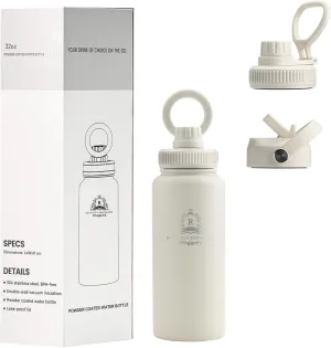 Thermol Insulated Stainless Steel Water Bottle, 32 oz, 3 Lids Set, Magnetic Phone Holder Lid, Sweat Proof, Double Wall Layer, Keeps Liquids Cold for 24 Hours & Hot for 12, Multi-Purpose. (White)