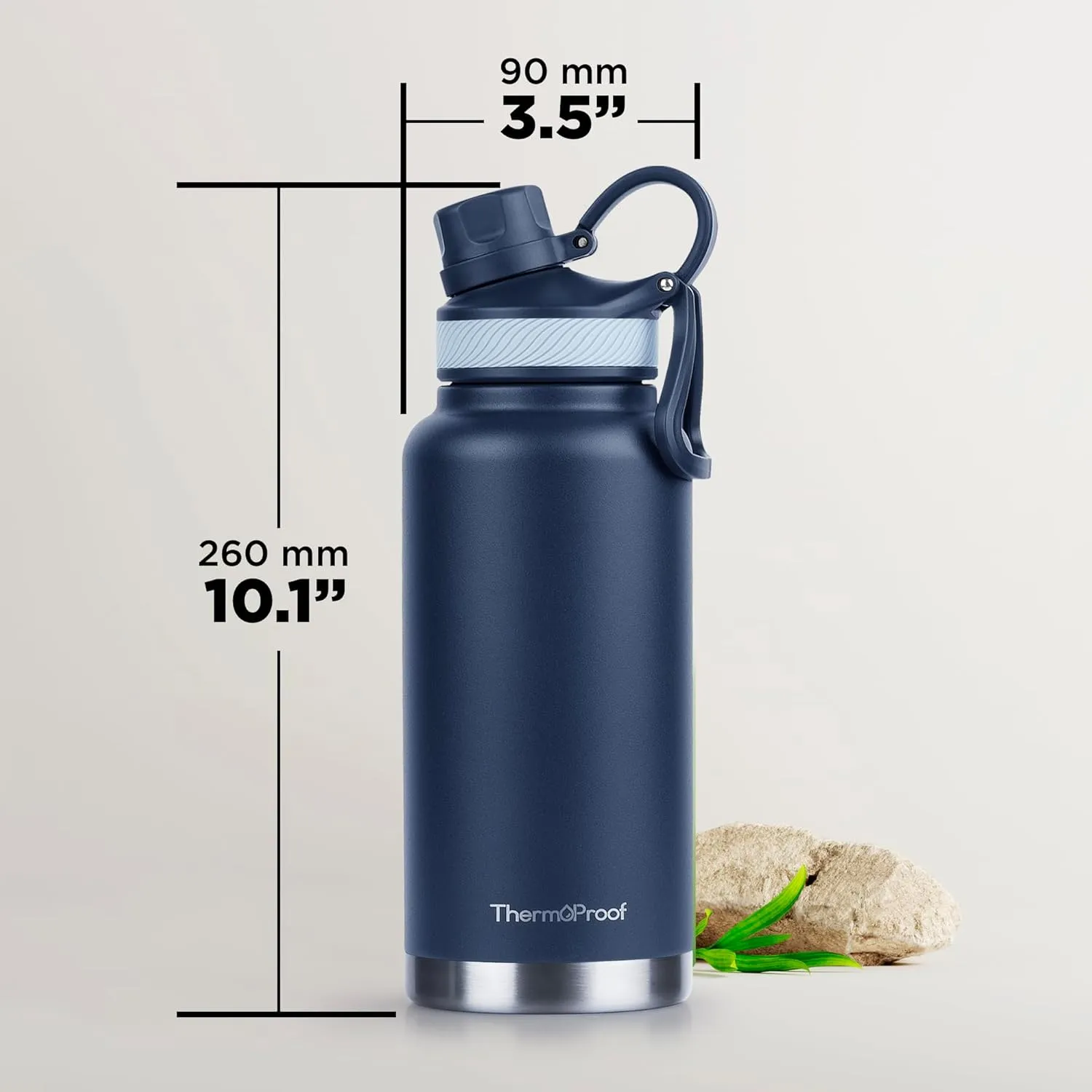 ThermoProof Double-Walled Vacuum Insulated Stainless Steel Water Bottle - Wide Mouth Canteen, Spout & Straw Lids, Dishwasher Safe, Reusable, Leakproof, Hot & Cold for Men, Women & Kids - 32oz, Navy