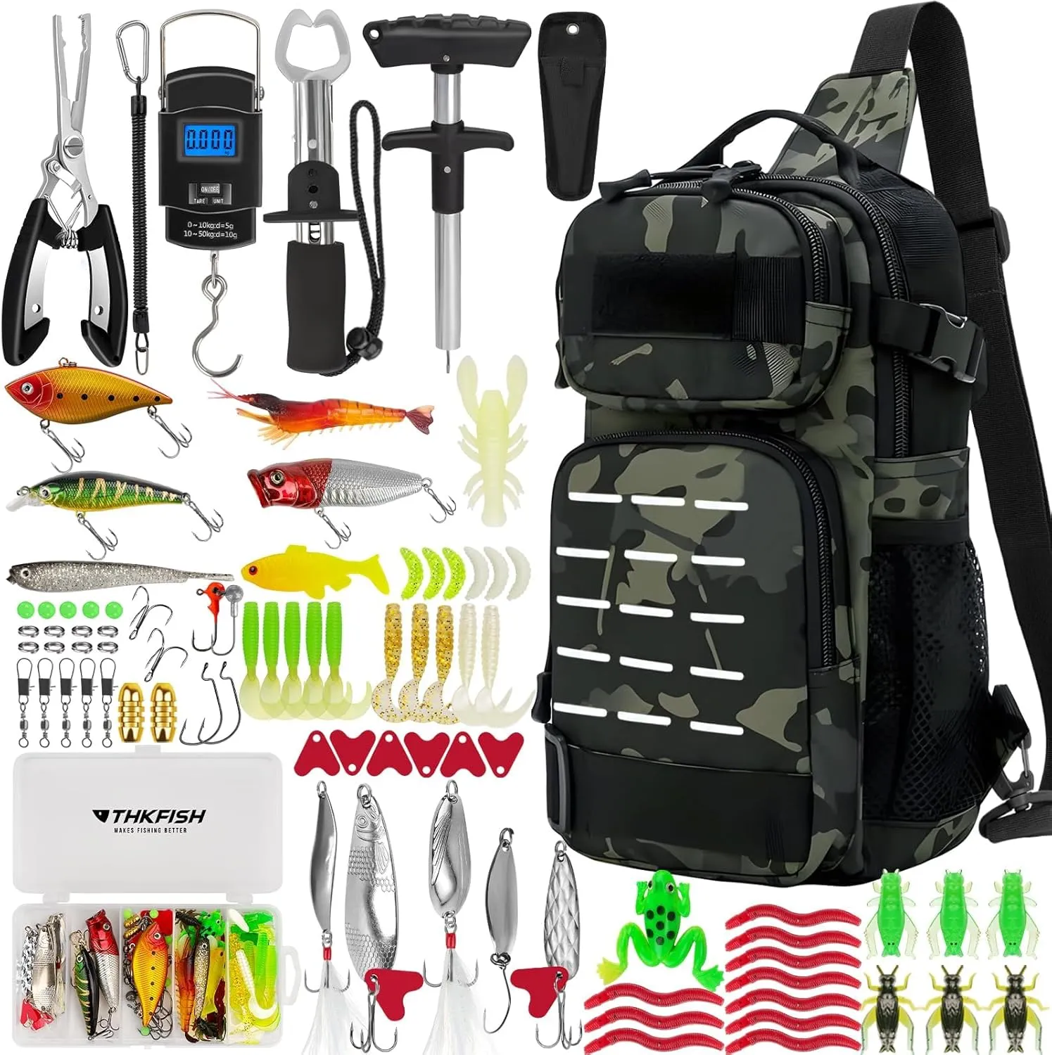 THKFISH 85Pcs Fishing Tool Kit, Fishing Backpack with Tackle Boxes Included, Fishing Tackle Kit Include Fishing Bait Lure Gear Kit, Fishing Pliers, Fish Hook Remover, Lip Gripper