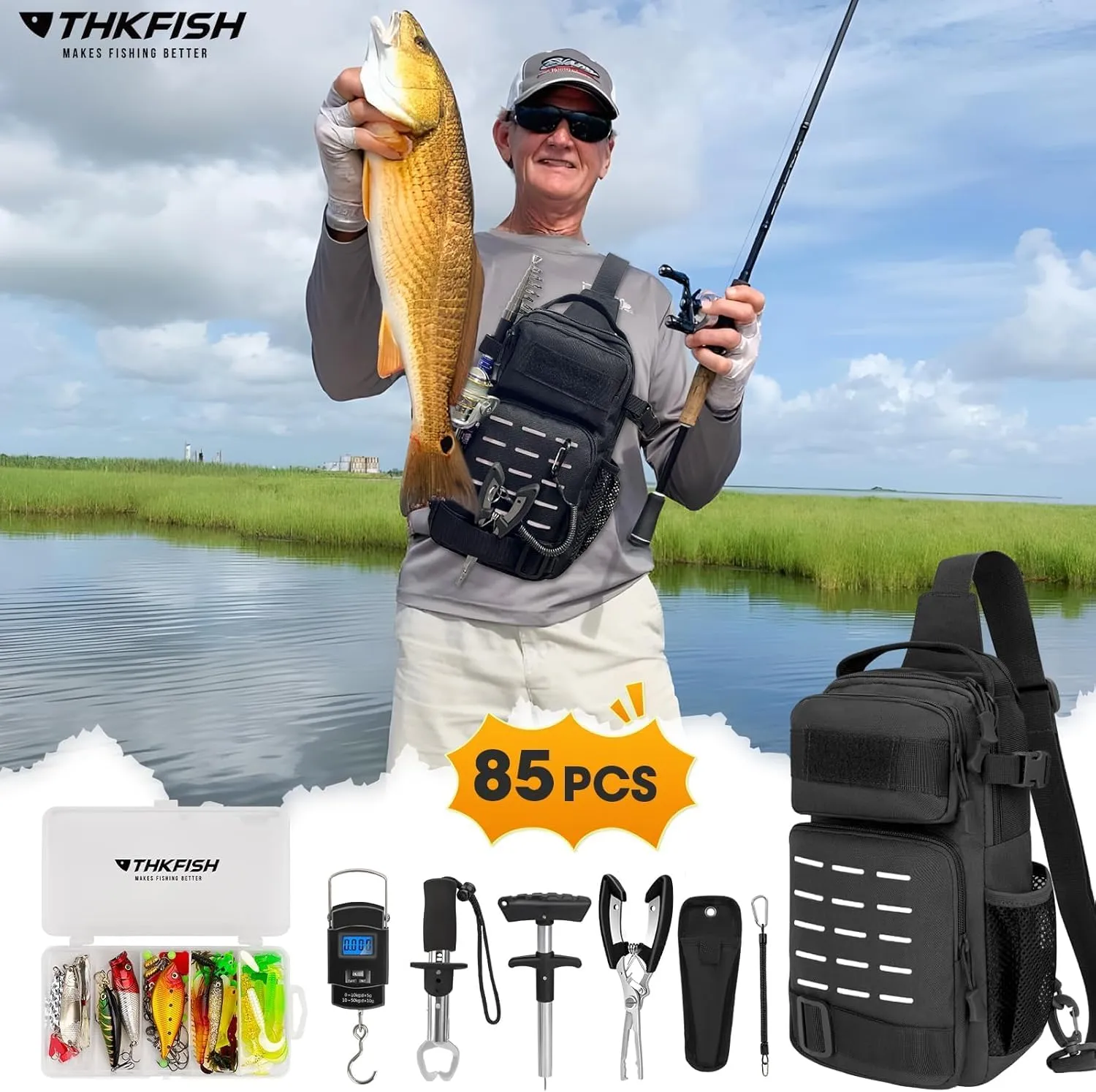 THKFISH 85Pcs Fishing Tool Kit, Fishing Backpack with Tackle Boxes Included, Fishing Tackle Kit Include Fishing Bait Lure Gear Kit, Fishing Pliers, Fish Hook Remover, Lip Gripper