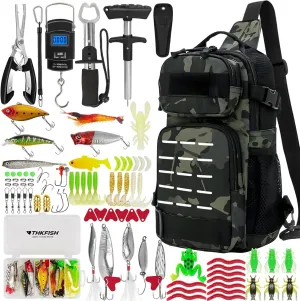THKFISH 85Pcs Fishing Tool Kit, Fishing Backpack with Tackle Boxes Included, Fishing Tackle Kit Include Fishing Bait Lure Gear Kit, Fishing Pliers, Fish Hook Remover, Lip Gripper