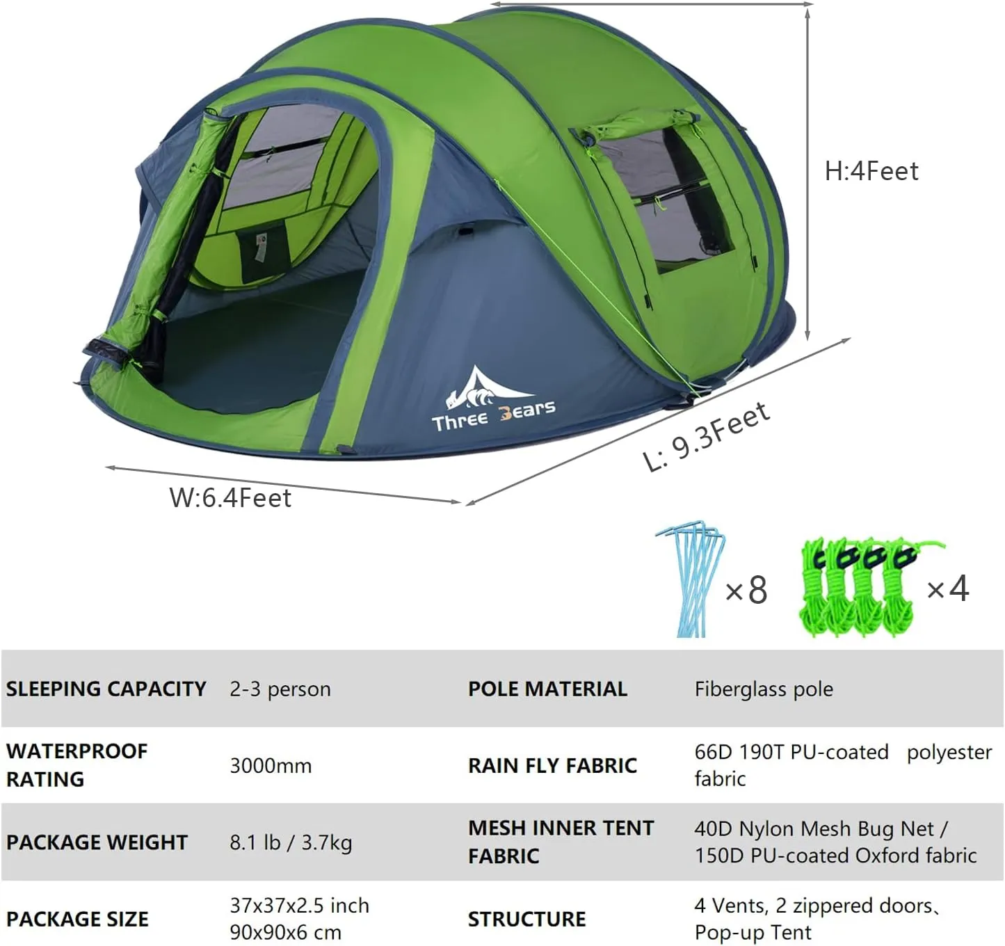 ThreeBears Instant Pop-Up Tent–2 Person Tent with Easy Automatic Setup, Ideal for Camping, Traveling, and Outdoor Adventures. Quick and Convenient Assembly