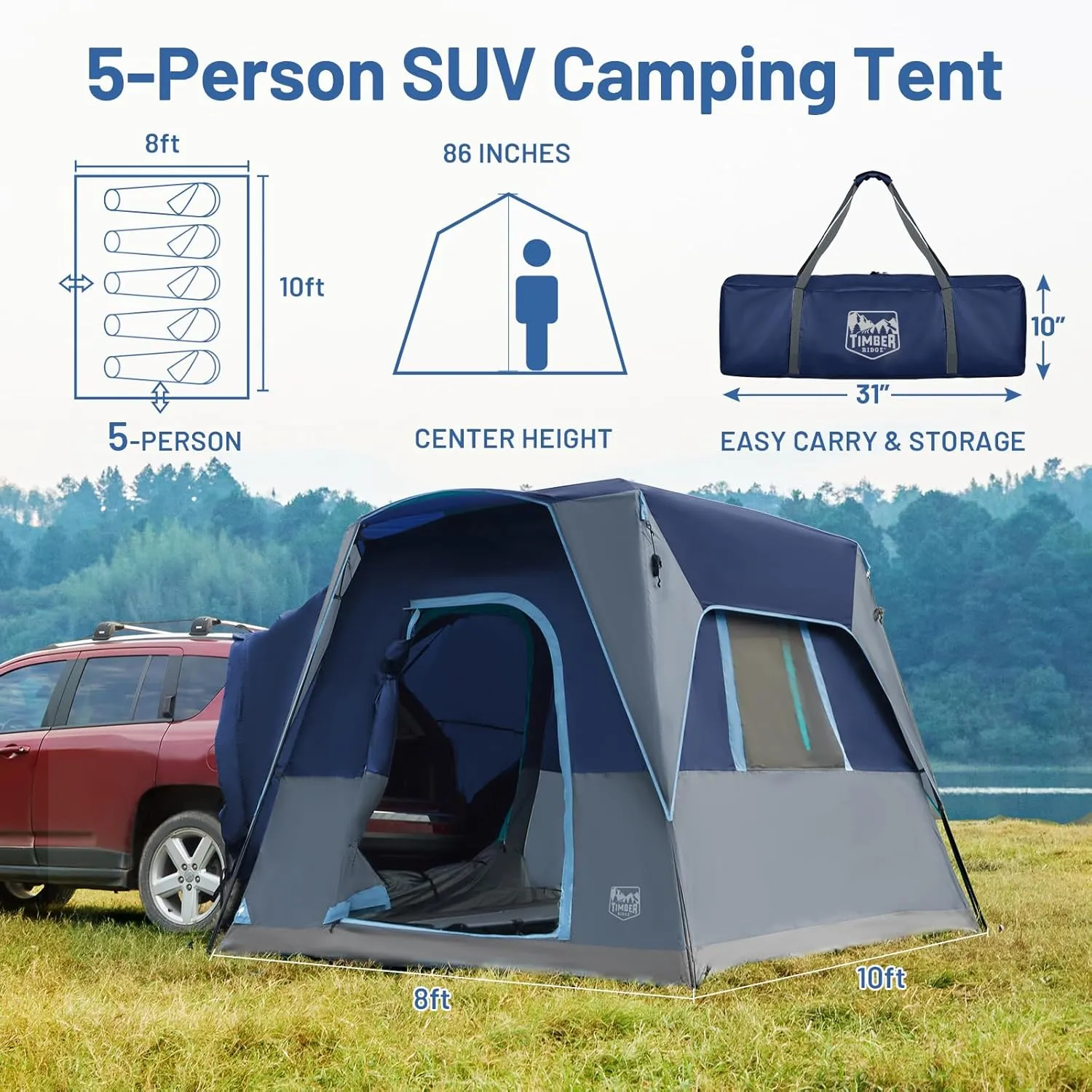 TIMBER RIDGE 5 Person SUV Tent with Movie Screen Weather Resistant Portable for Car SUV Van Camping, Includes Rainfly and Storage Bag, 10' W X 8' L X 7.1' H Blue