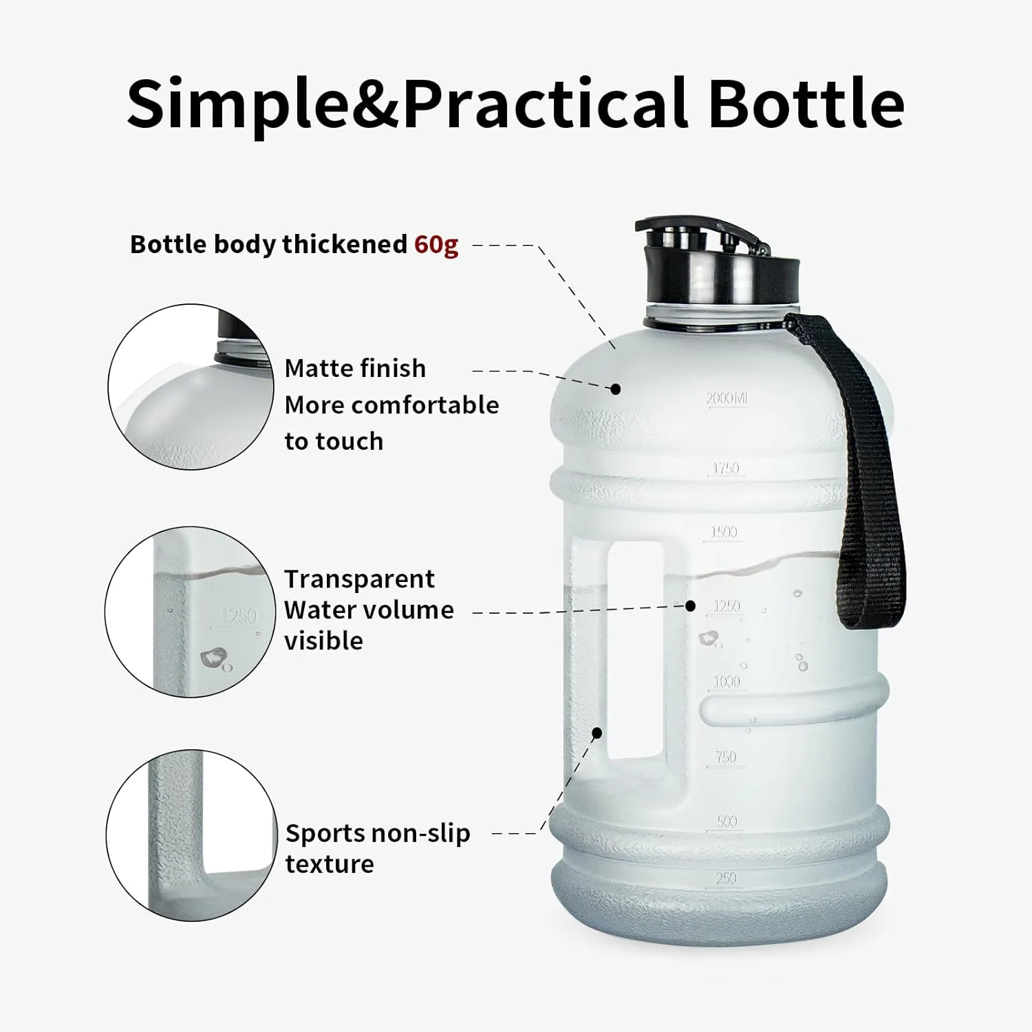 TOOFEEL 2 Liter Water Bottles - Big Water Jugs - 2.2L 74oz LeakProof - Clear Matte