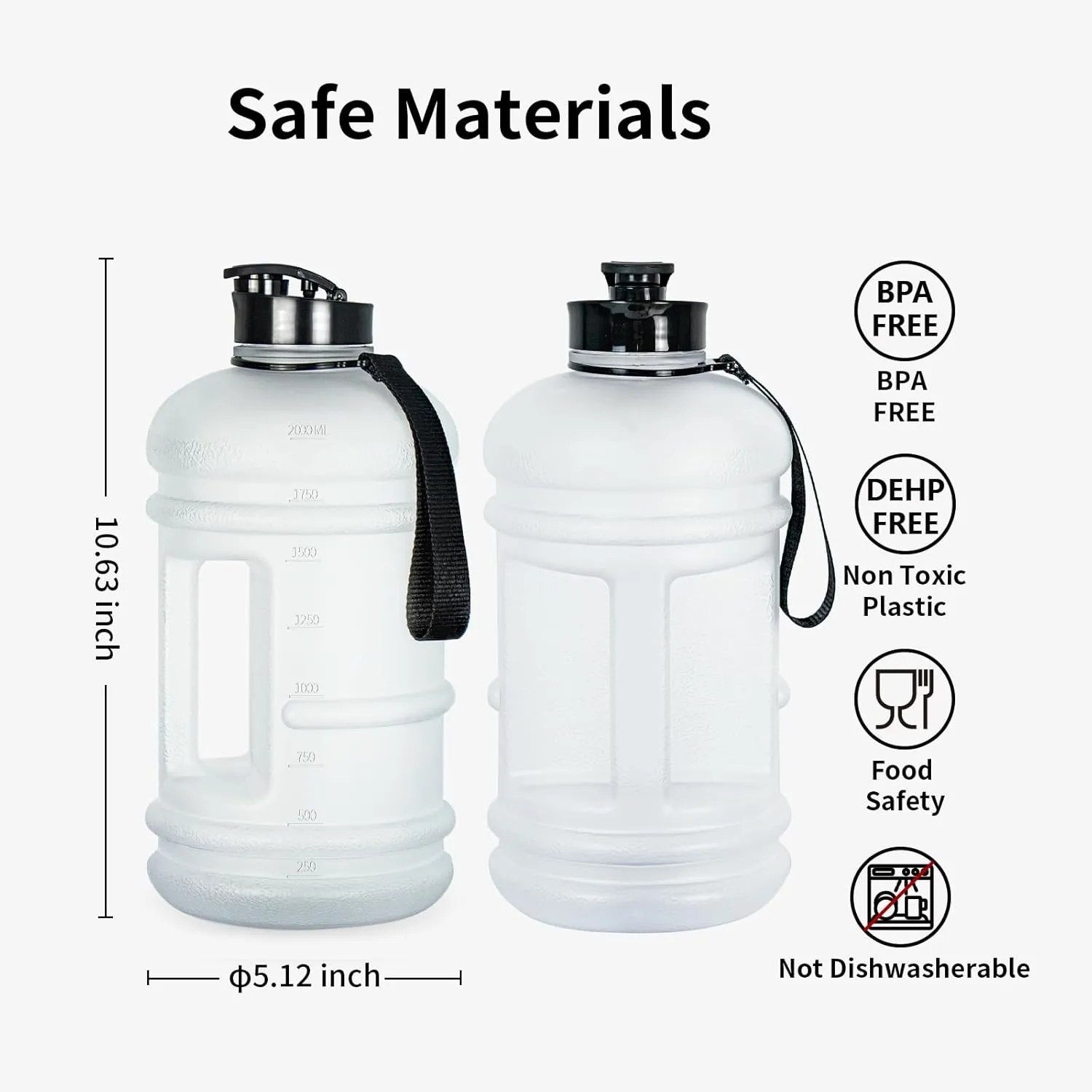 TOOFEEL 2 Liter Water Bottles - Big Water Jugs - 2.2L 74oz LeakProof - Clear Matte