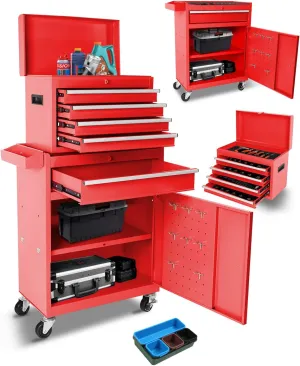 Tool Chest, 2 in 1 Tool Boxes with 5 Drawers, Tool Cart with 7 Organizer Tray Divider Set & Wheels, Large Rolling Tool Box Organizer for Garage, Workshop, Home Crafts