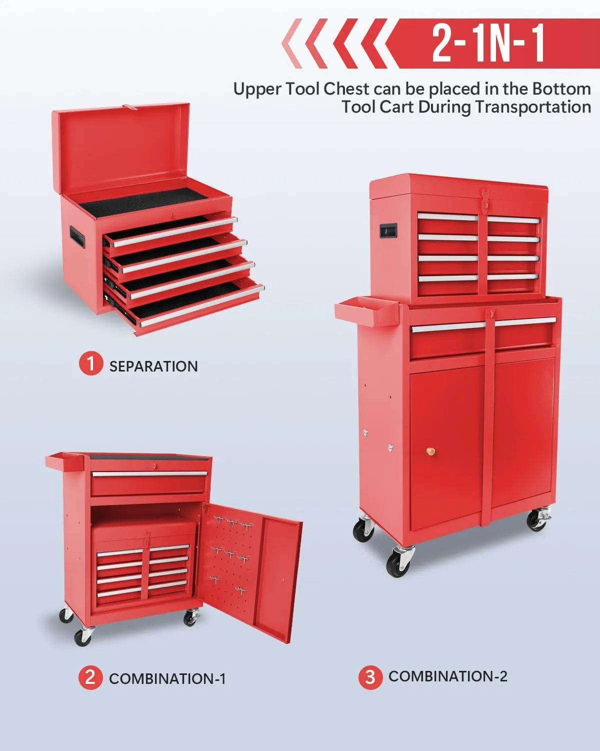 Tool Chest, 2 in 1 Tool Boxes with 5 Drawers, Tool Cart with 7 Organizer Tray Divider Set & Wheels, Large Rolling Tool Box Organizer for Garage, Workshop, Home Crafts