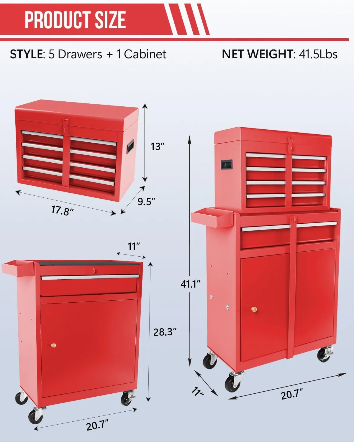 Tool Chest, 2 in 1 Tool Boxes with 5 Drawers, Tool Cart with 7 Organizer Tray Divider Set & Wheels, Large Rolling Tool Box Organizer for Garage, Workshop, Home Crafts