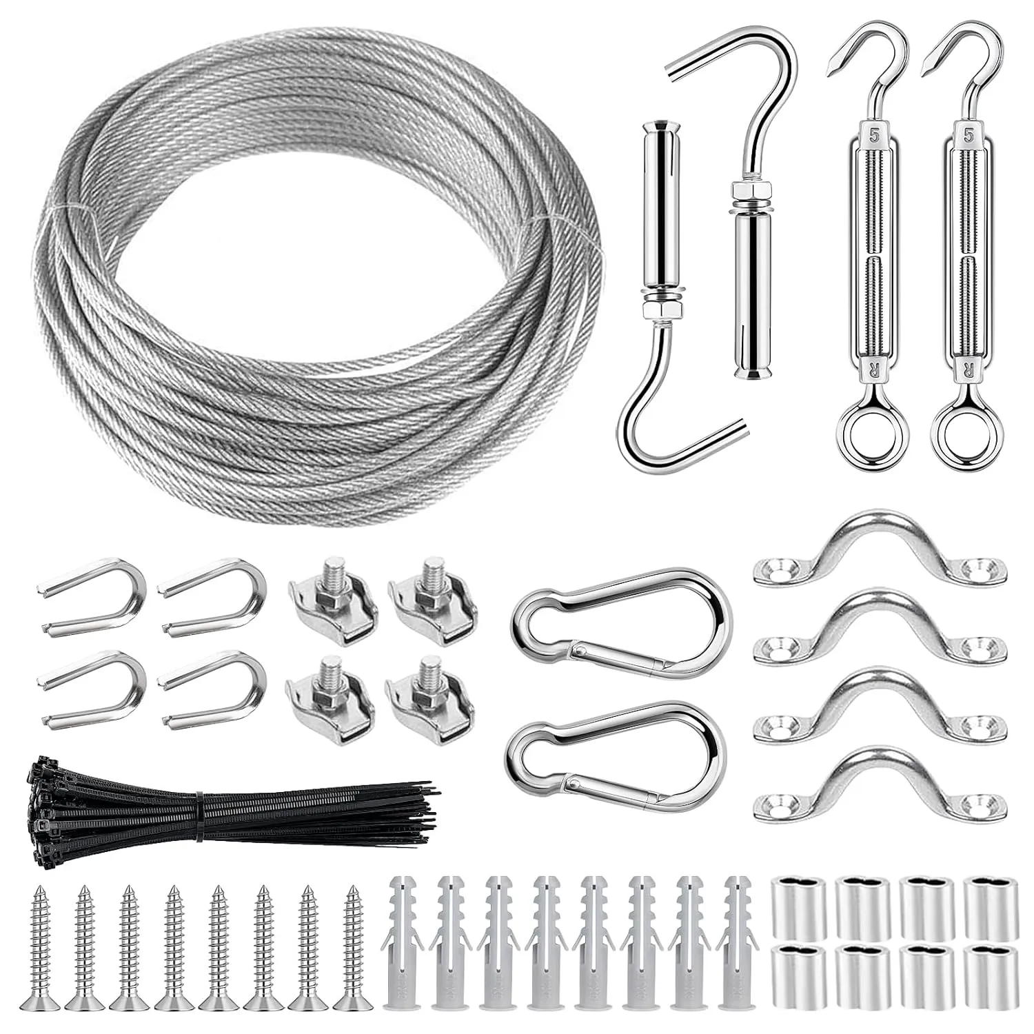 TooTaci 1/8 Wire Rope Kit, 66ft Vinyl Coated Stainless Steel Cable with M5 Turnbuckles for Cables Wire, Outdoor String Light Hanging Kit, Clothesline Cable, Curtain Hanging System