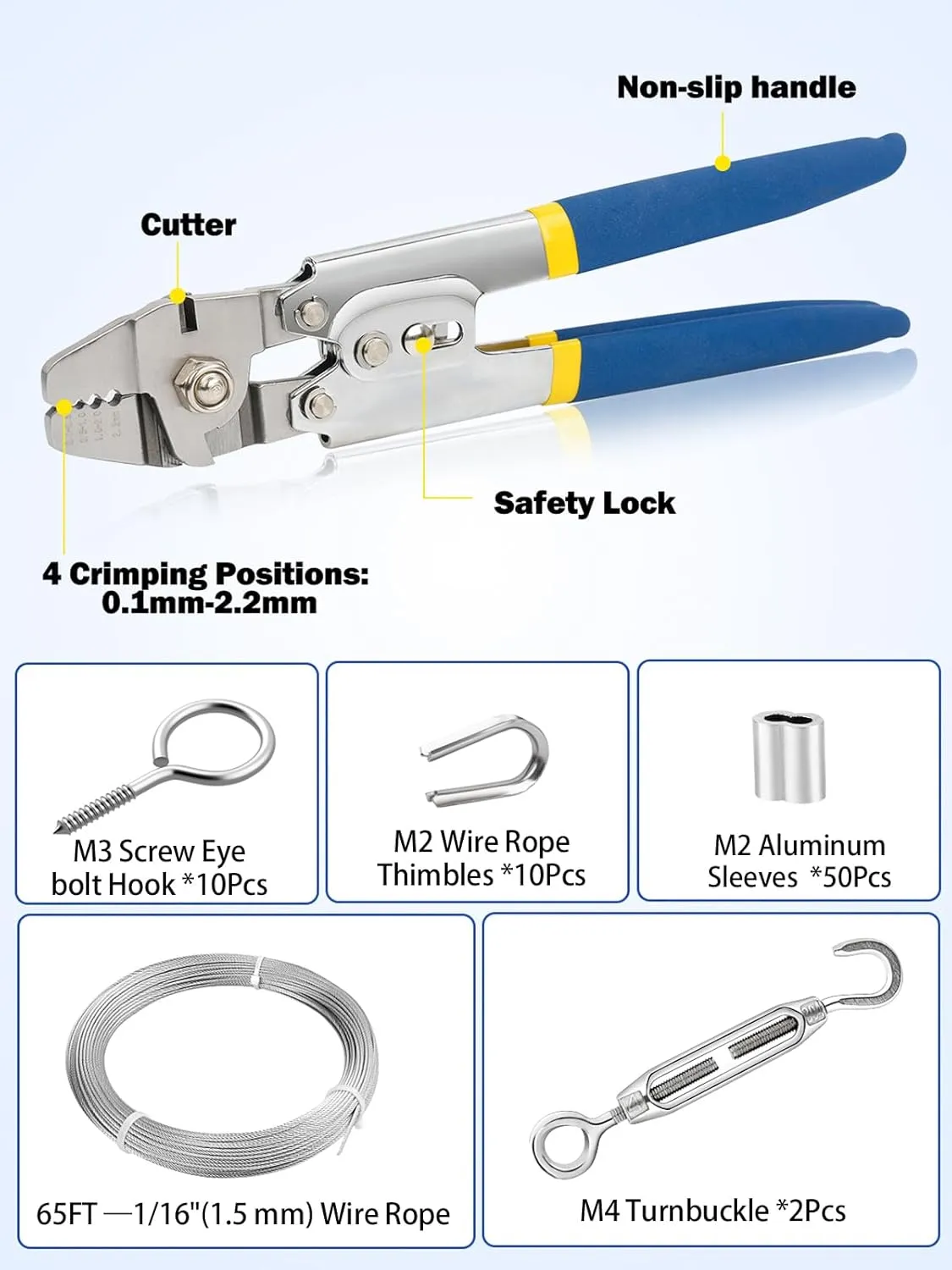 TooTaci 65ft 1/16 Stainless Steel Cable with Wire Rope Crimping Tool Kit, Turnbuckles for Cables Wire Tension Kit for Garden Trellis, String Light Hanging, Picture Hanging