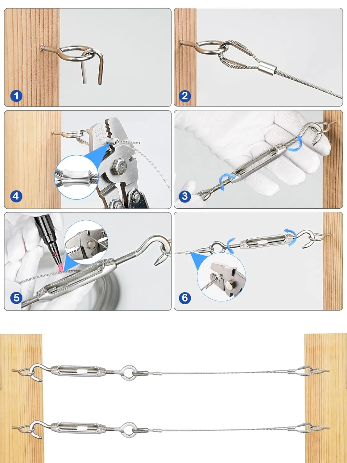 TooTaci 65ft 1/16 Stainless Steel Cable with Wire Rope Crimping Tool Kit, Turnbuckles for Cables Wire Tension Kit for Garden Trellis, String Light Hanging, Picture Hanging