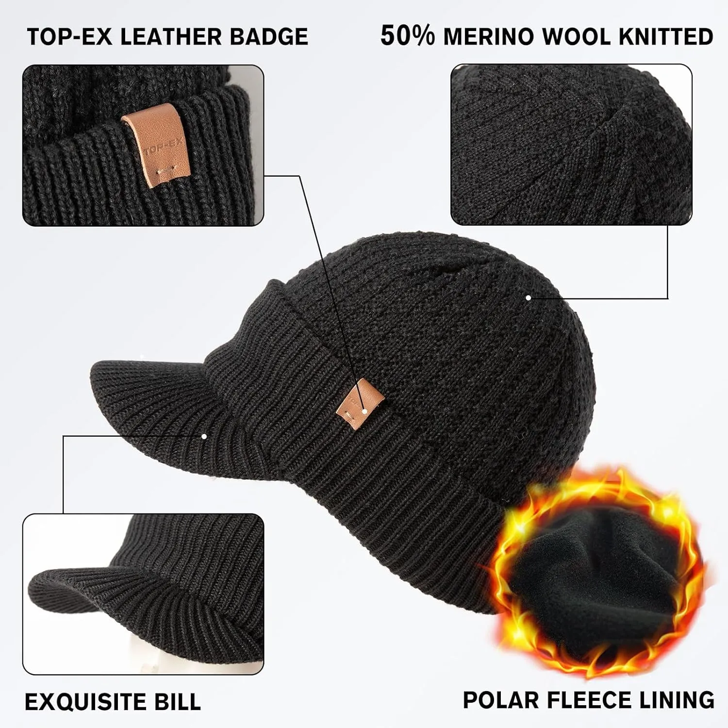 TOP-EX L/XL/XXL 50% Merino Wool Waterproof All Weather Brim Beanie Fleece Lined Unisex