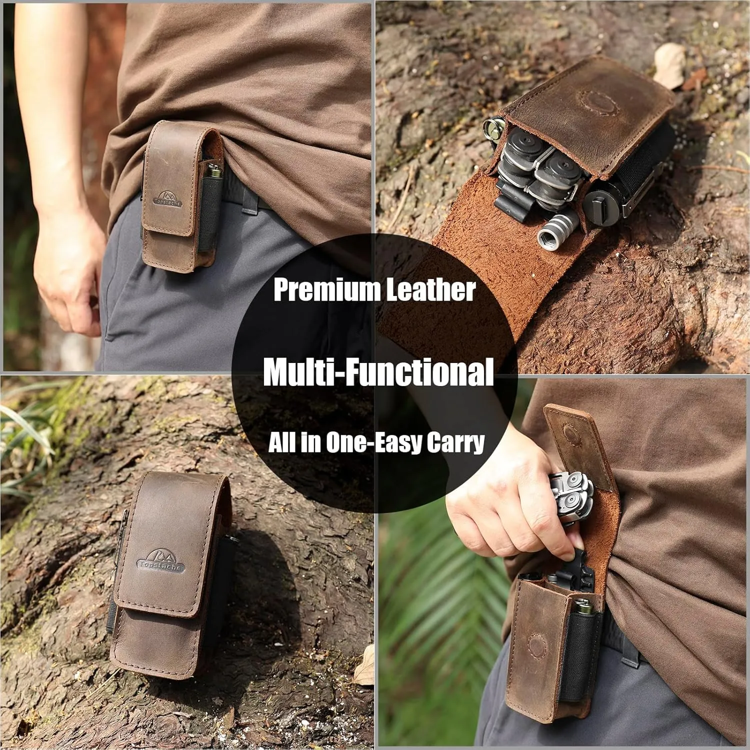 Topstache Leather Multitool Sheath for Belt - Multitool Holster for Belt - Multitool Pouch Fits Folding Tool - Magnetic Closure EDC Belt Organizer - EDC Belt Pouch - Multitool Holder, DarkBrown