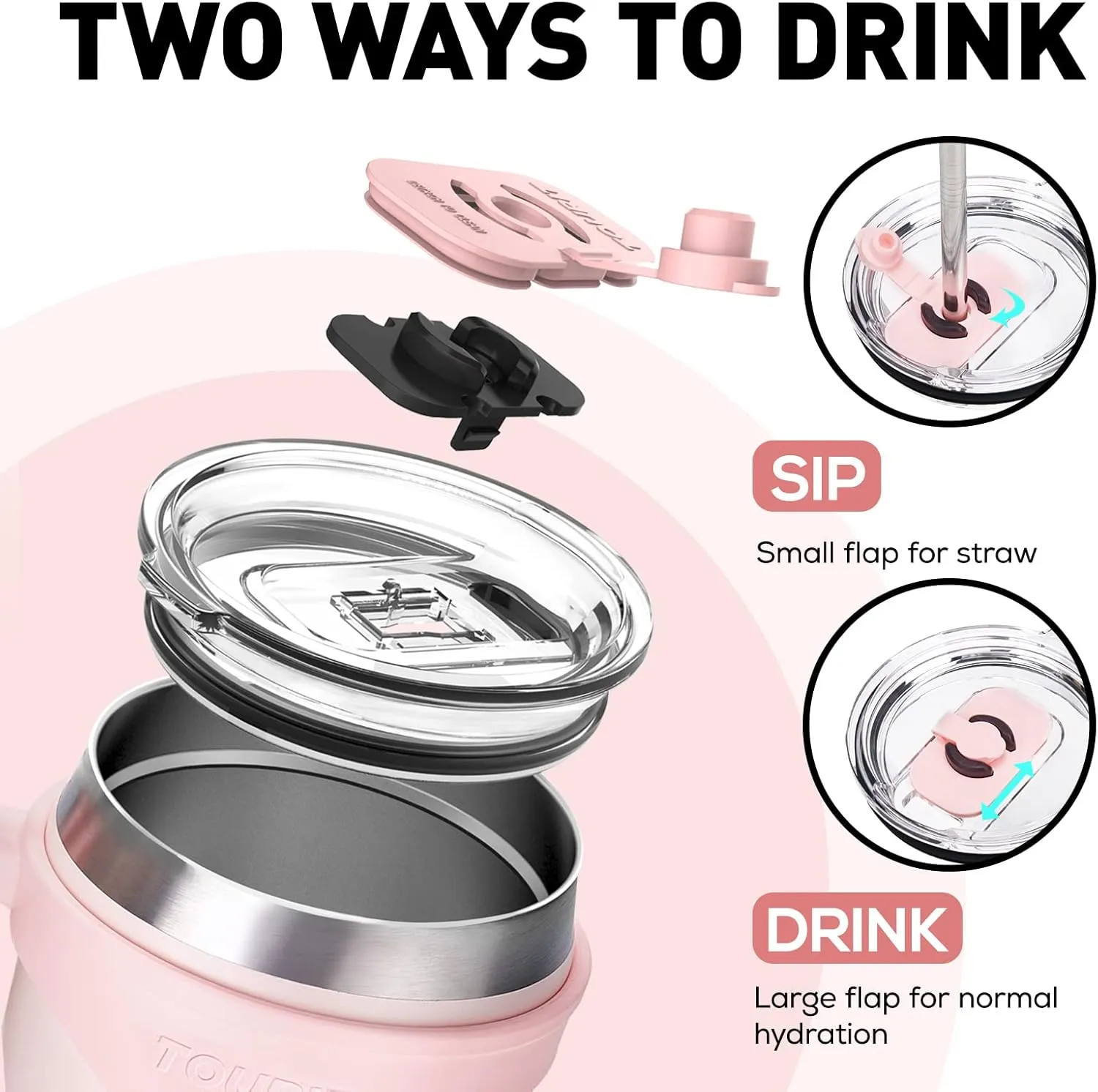 TOURIT 40 oz Tumbler with Handle and Straw, 3 in 1 Sip-All-Way Lid Insulated Tumblers, Reusable Stainless Steel Water Bottle for Keep Cold 34Hs or Hot 10Hs, Gifts for Women Men, Pink