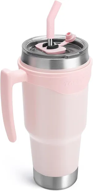 TOURIT 40 oz Tumbler with Handle and Straw, 3 in 1 Sip-All-Way Lid Insulated Tumblers, Reusable Stainless Steel Water Bottle for Keep Cold 34Hs or Hot 10Hs, Gifts for Women Men, Pink
