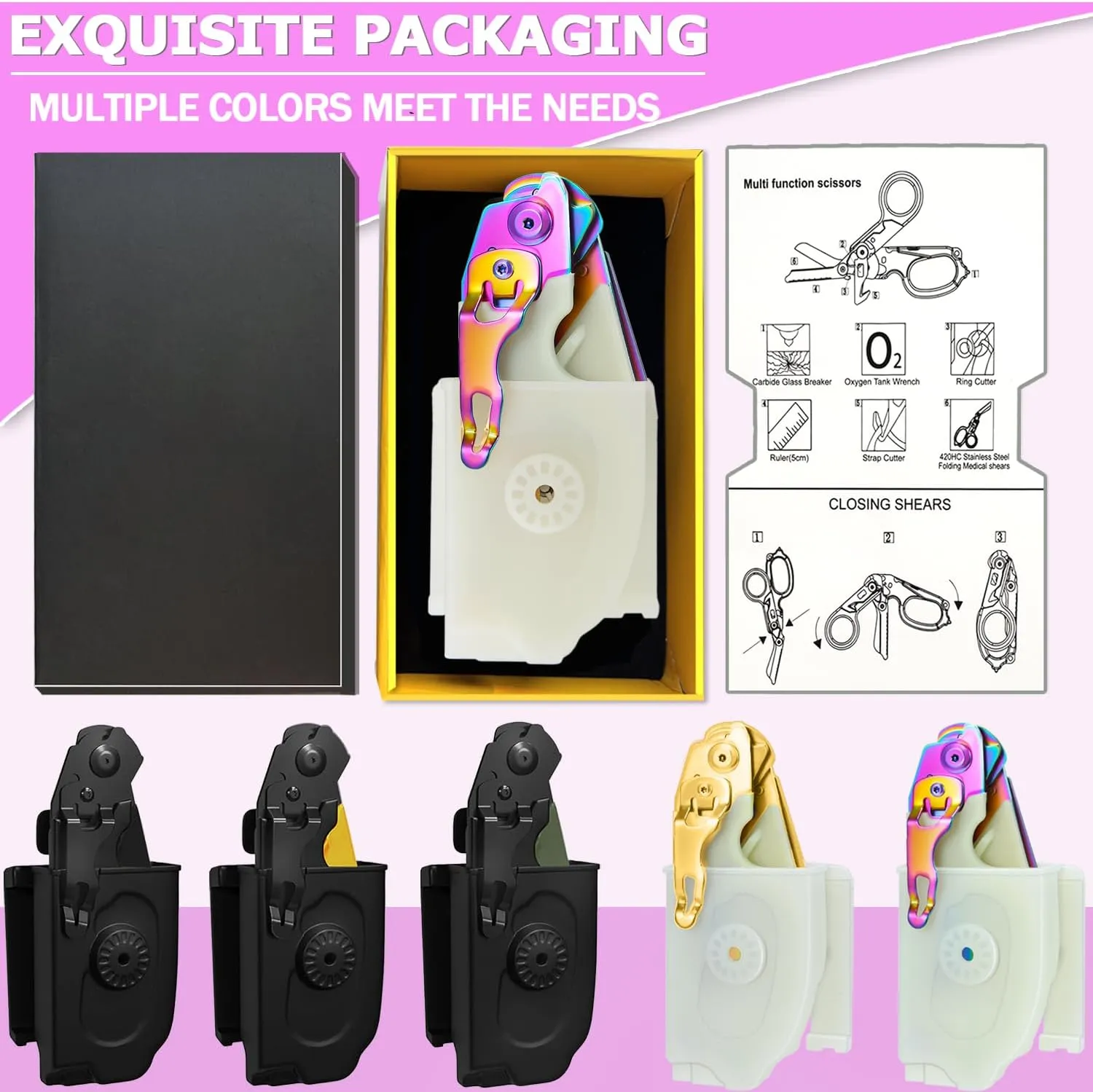 Trauma Shears Foldable with Compatible Holster, Multi Tool Emergency Response Shears for Nurses, Outdoor EMT Tactical Shears, Electroplating Trauma Scissors with Gift Box (Luminous Magic)