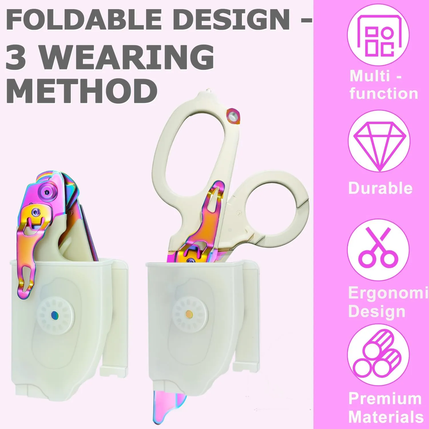 Trauma Shears Foldable with Compatible Holster, Multi Tool Emergency Response Shears for Nurses, Outdoor EMT Tactical Shears, Electroplating Trauma Scissors with Gift Box (Luminous Magic)