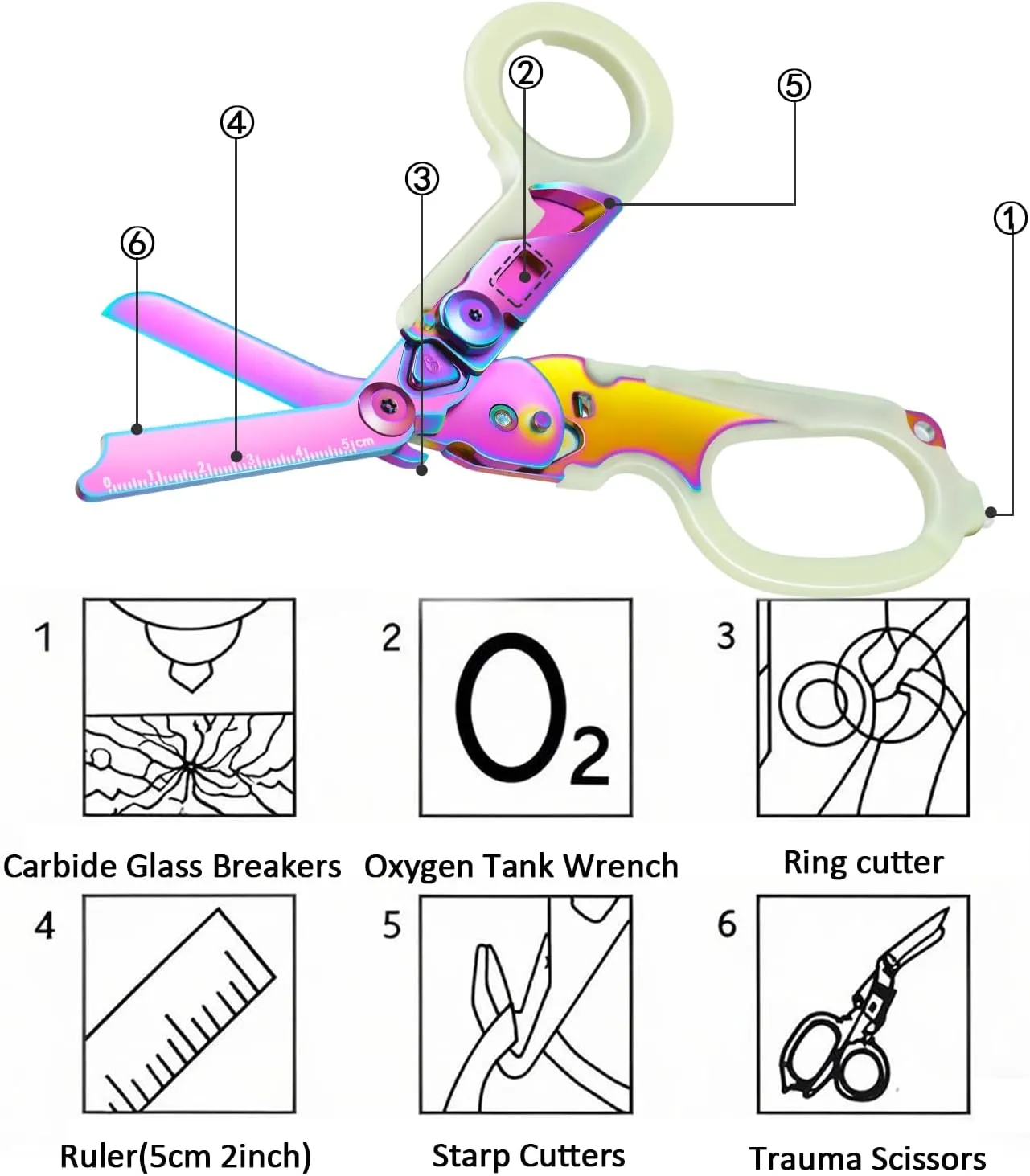 Trauma Shears Foldable with Compatible Holster, Multi Tool Emergency Response Shears for Nurses, Outdoor EMT Tactical Shears, Electroplating Trauma Scissors with Gift Box (Luminous Magic)