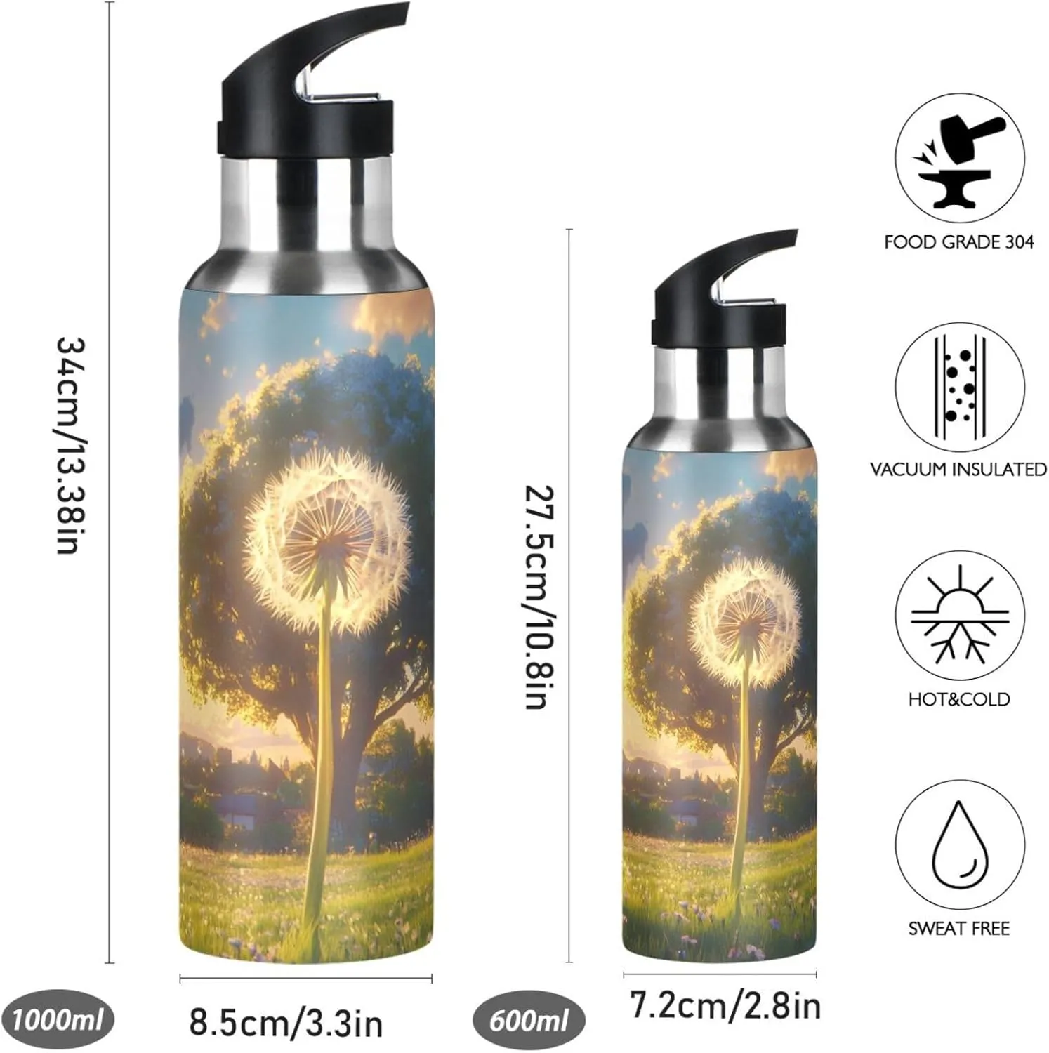 Tree Sunset Print Sports Bottle with Straw and Carry Loop for Gym, Camping, Workout, and Outdoors，Insulated Water Bottle Jug for All Day Hydration