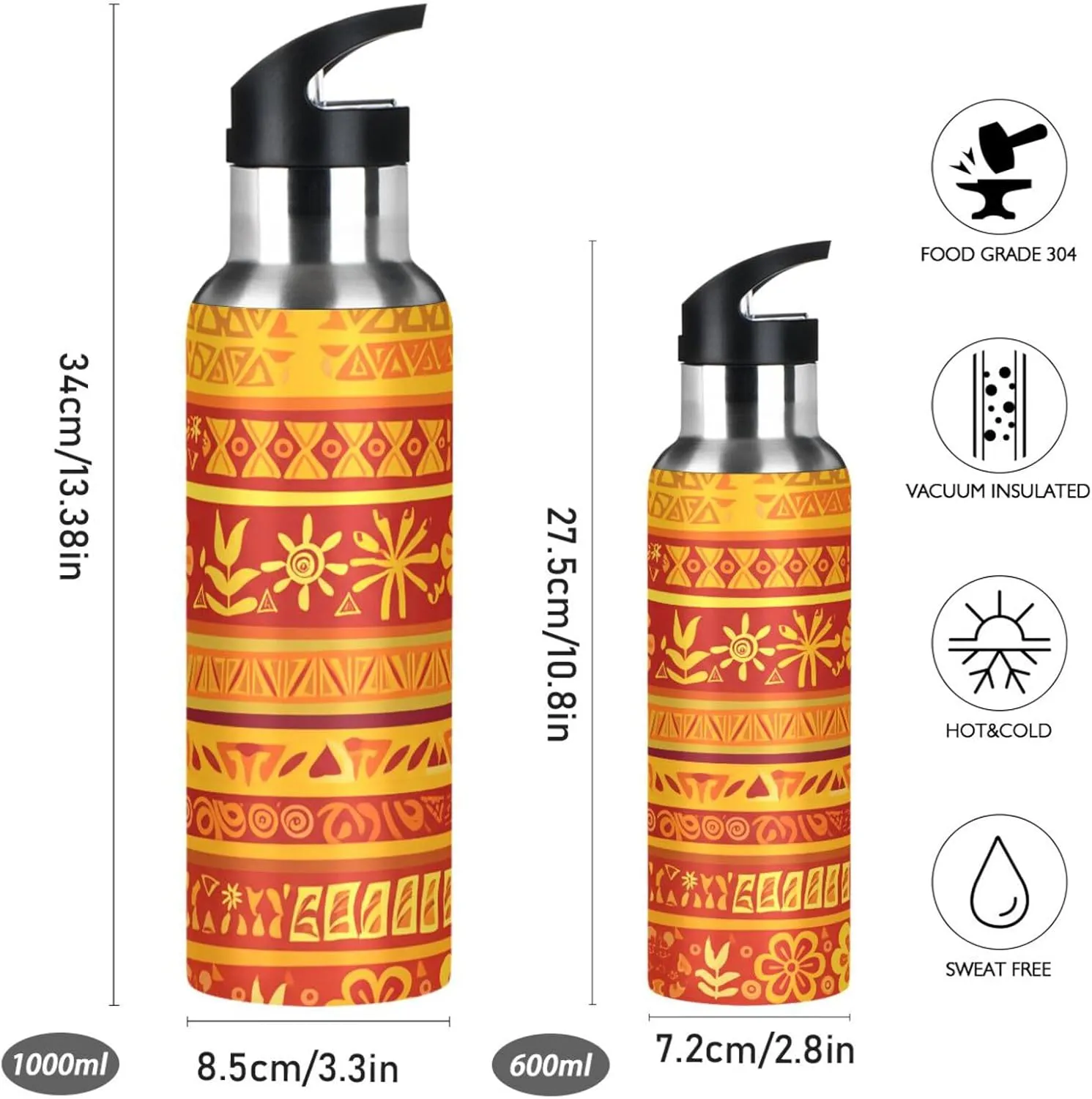 Tribal Stripes Sports Water Bottle with Straw, 22oz BPA Free Stainless Steel Vacuum Insulated Bottle for Gym Fitness Outdoor