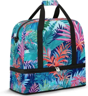 Tropical Summer Palm Tree Foldable Duffle Bag with Shoes Compartment Large Capacity Waterproof Travel Weekender Bag Overnight Bag for Sports Gym