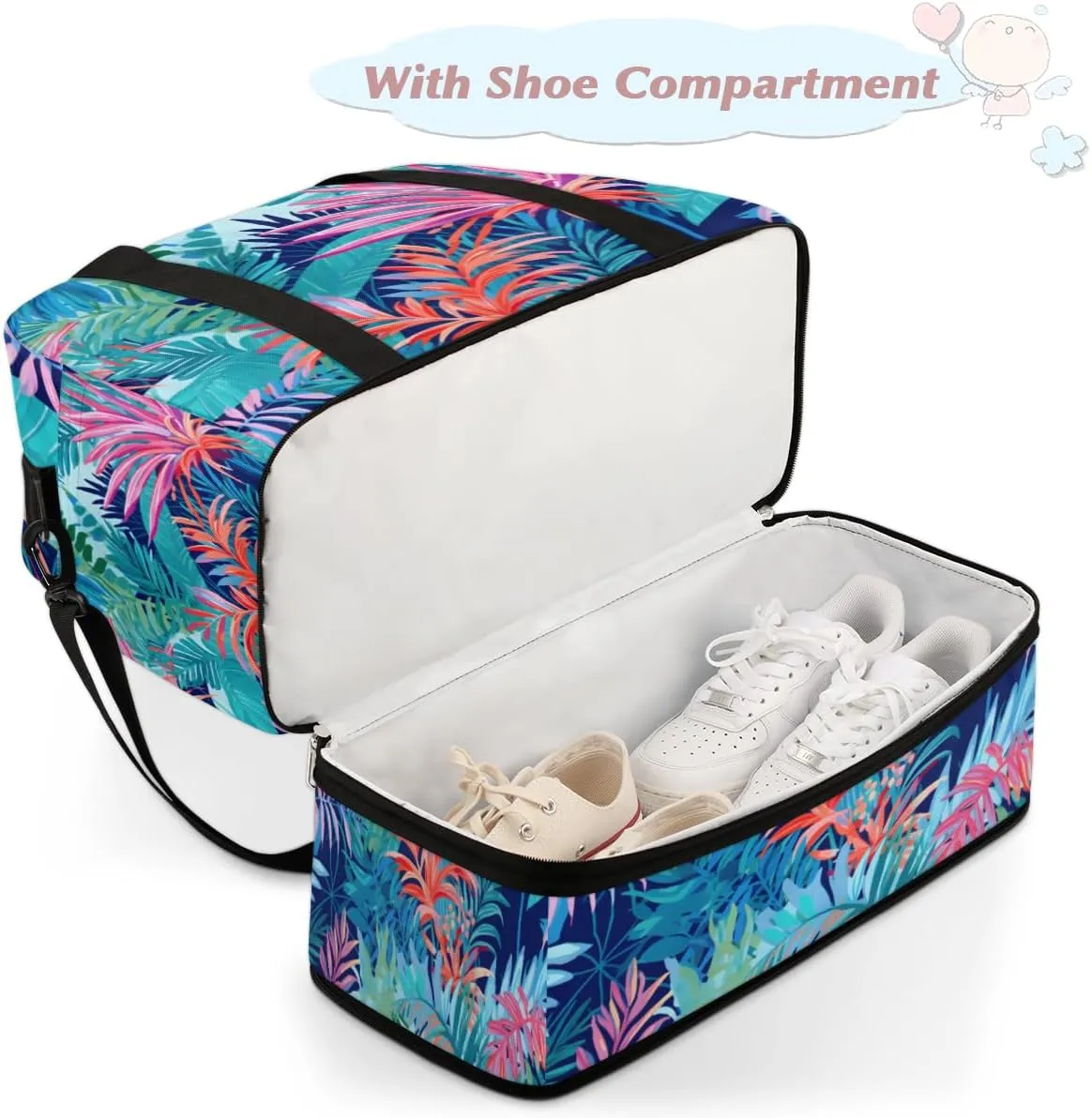 Tropical Summer Palm Tree Foldable Duffle Bag with Shoes Compartment Large Capacity Waterproof Travel Weekender Bag Overnight Bag for Sports Gym