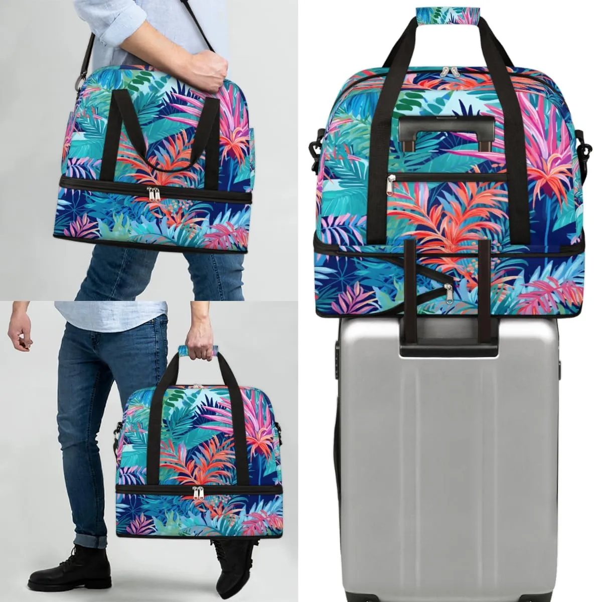 Tropical Summer Palm Tree Foldable Duffle Bag with Shoes Compartment Large Capacity Waterproof Travel Weekender Bag Overnight Bag for Sports Gym