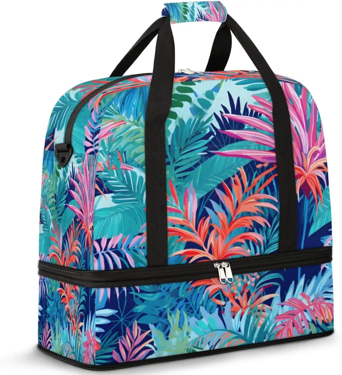 Tropical Summer Palm Tree Foldable Duffle Bag with Shoes Compartment Large Capacity Waterproof Travel Weekender Bag Overnight Bag for Sports Gym