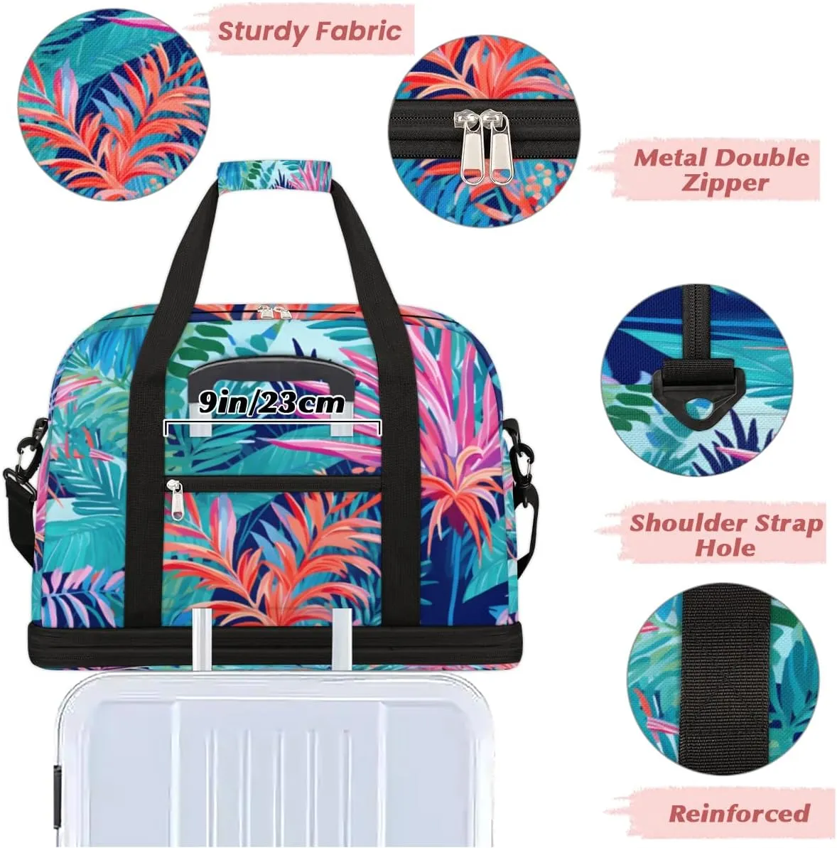 Tropical Summer Palm Tree Foldable Duffle Bag with Shoes Compartment Large Capacity Waterproof Travel Weekender Bag Overnight Bag for Sports Gym
