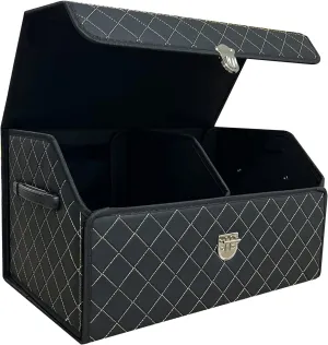 Trunk Organizer for Car With Lid，Foldable Trunk Organizer for SUVs & Sedans，Multi-Functional Leather Storage Box- Black Grid - Small